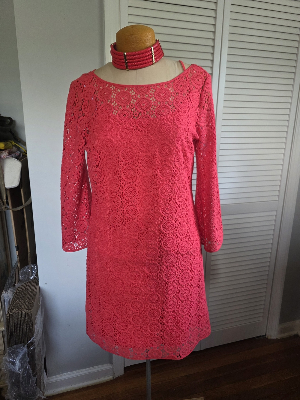 Lilly Pulitzer Pink Lace Long Sleeve Dress L Fully Lined Floral Crochet